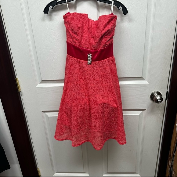 Strapless red pink Lace Dress with Rhinestone Detail - Picture 1 of 8